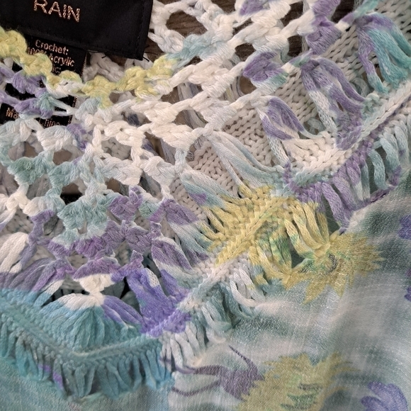 Rain Women's Small 3/4 Sleeve V-neck Watercolor Crochet Top Shirt Swimsuit Cover - Picture 3 of 11